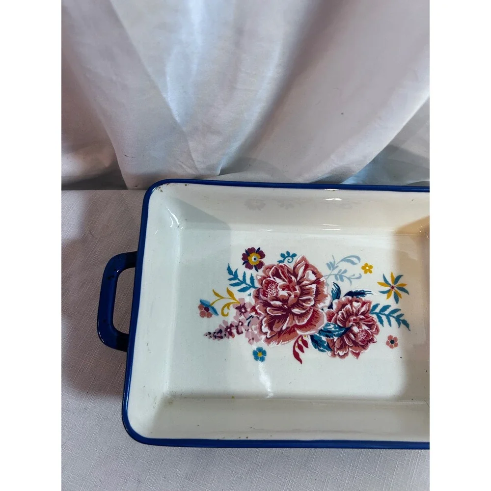 Pioneer Woman Baking Dish 9.5x7 Blue Floral Stoneware Rectangular Baker Kitchen